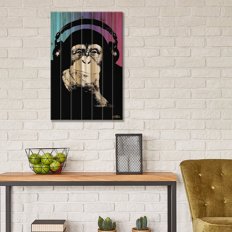 Monkey Headphones Rasta II Print On Wood by Steez - Multi-Color