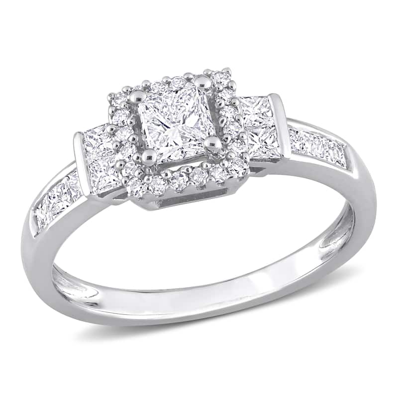 Miadora 3/4ct TDW Princess and Round Diamond Halo Engagement Ring in 14k White Gold
