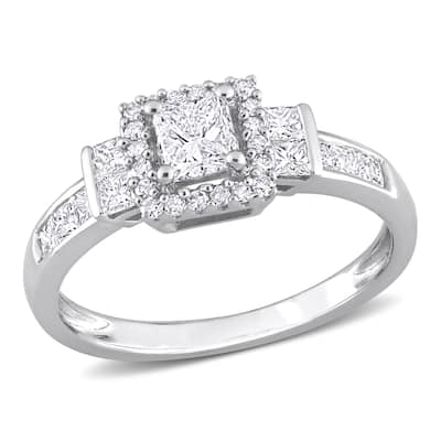 Miadora 3/4ct TDW Princess and Round Diamond Halo Engagement Ring in 14k White Gold