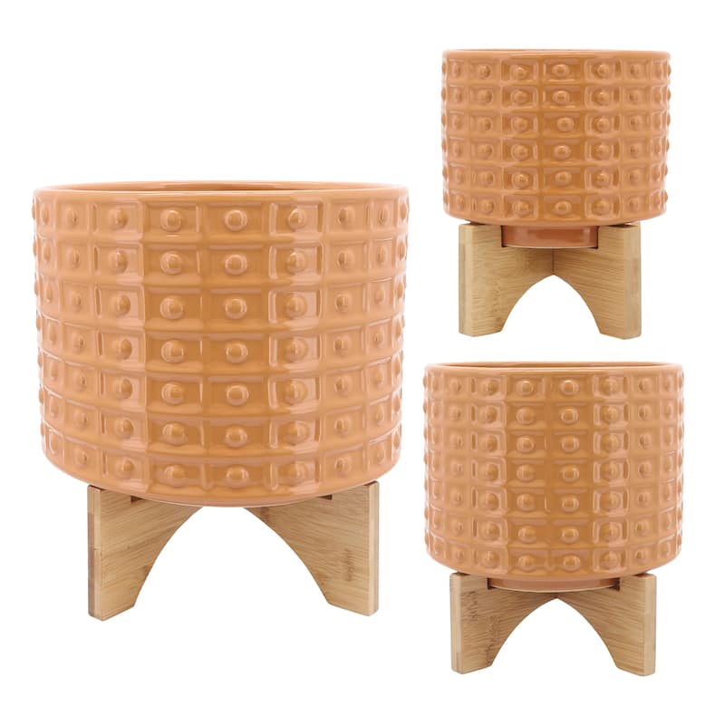 Sagebrook Home Handmade Ceramic Planter Pot with Natural Wood Stand