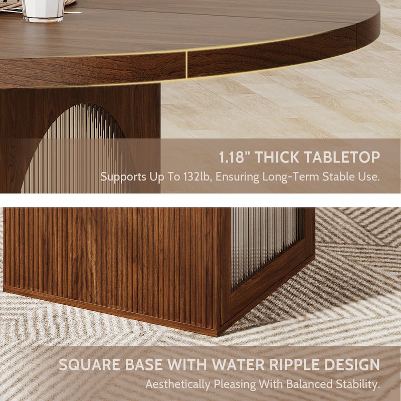 Anmytek 47 Inch Round Walnut Dining Table Storage Cabinet Ribbed Glass Doors Pedestal Base