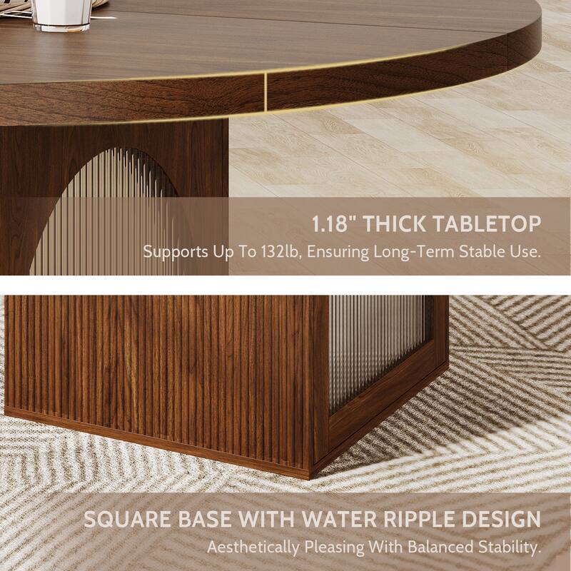 Round Dining Table with Built-In Storage Cabinet, Wood Kitchen Table for 4-6 People, Coffee Table with Ribbed Glass