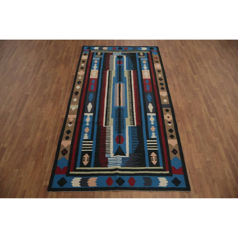 Hand Woven Oriental 100% Wool Carpet Southwestern Tribal Navy Blue & Blues Kilim Area Rug - 9' 11'' X 5' 3''