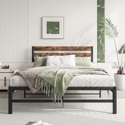 Full Size Bed Frame with Wood Headboard, Heavy Duty Metal Platform Bed Frame Full for Adult, Noise-Free, Easy Assembly