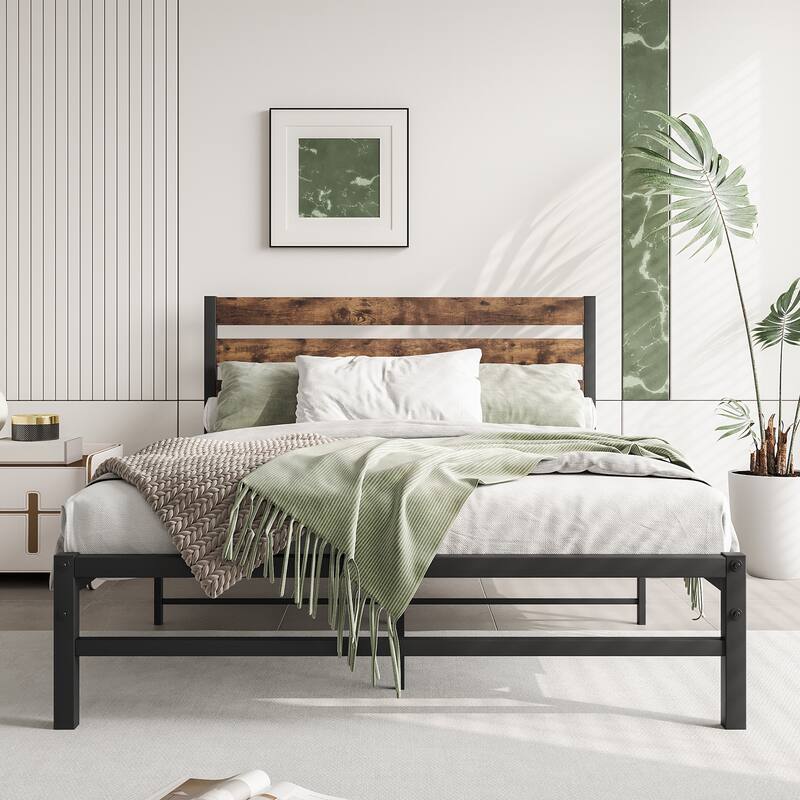 Modern Platform Bed Frame with Rustic Vintage Wood Headboard,No Box Spring Needed - Rustic Brown - Full