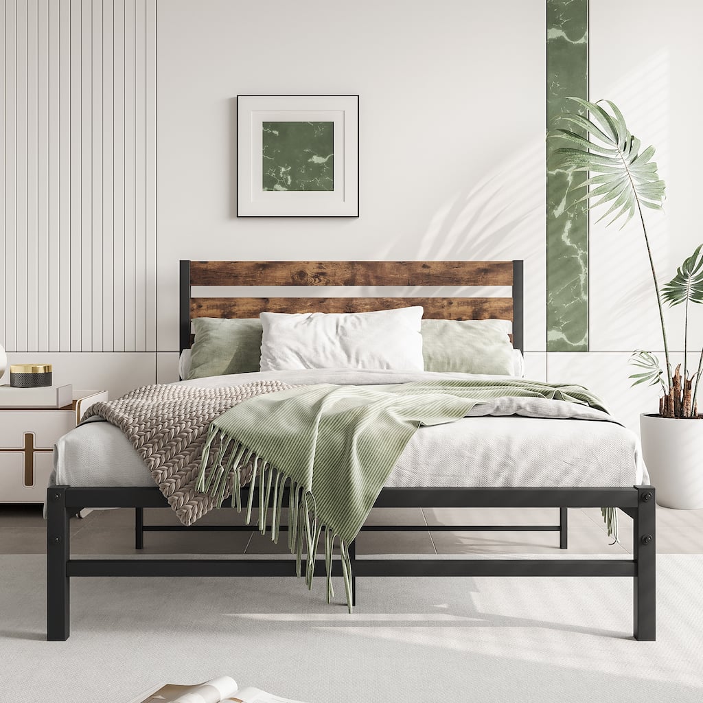 Rustic Vintage Wood Platform Bed Frame with Metal Slats, No Box Spring Needed, Under-Bed Storage, Full Size