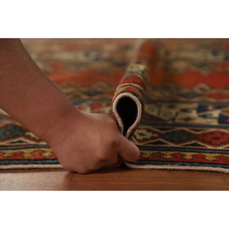 Hand Knotted Oriental 100% Wool Carpet Traditional Geometric Oranges & Rust Kazak Area Rug - 8' 4'' X 3' 6''