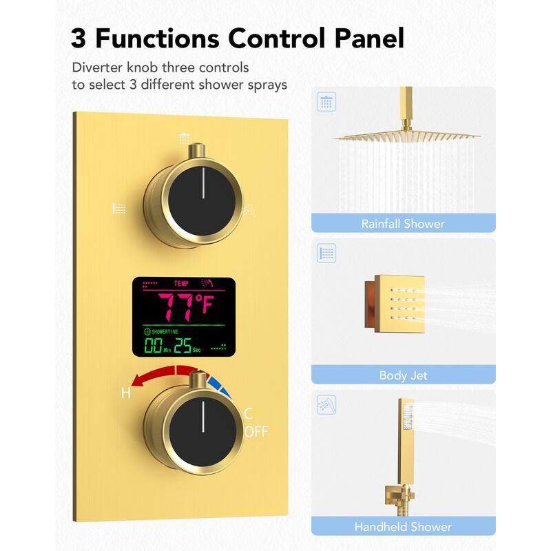 LCD Temperature Display 12" High-Pressure Shower System With Pressure Balancing Diverter Valve - 12-Inch