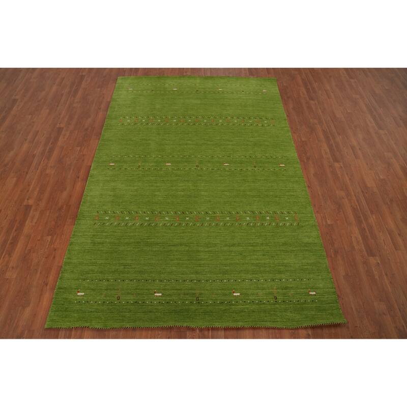 Hand Knotted Oriental 100% Wool Carpet Tribal Animal Pictorial Green Gabbeh Area Rug - 9' 8'' X 6' 6''