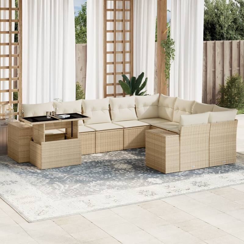 vidaXL Patio Sofa Set with Cushions Outdoor Furniture 10 Piece Poly Rattan - 21.7 x 39.4 x 28.7 - Beige and cream