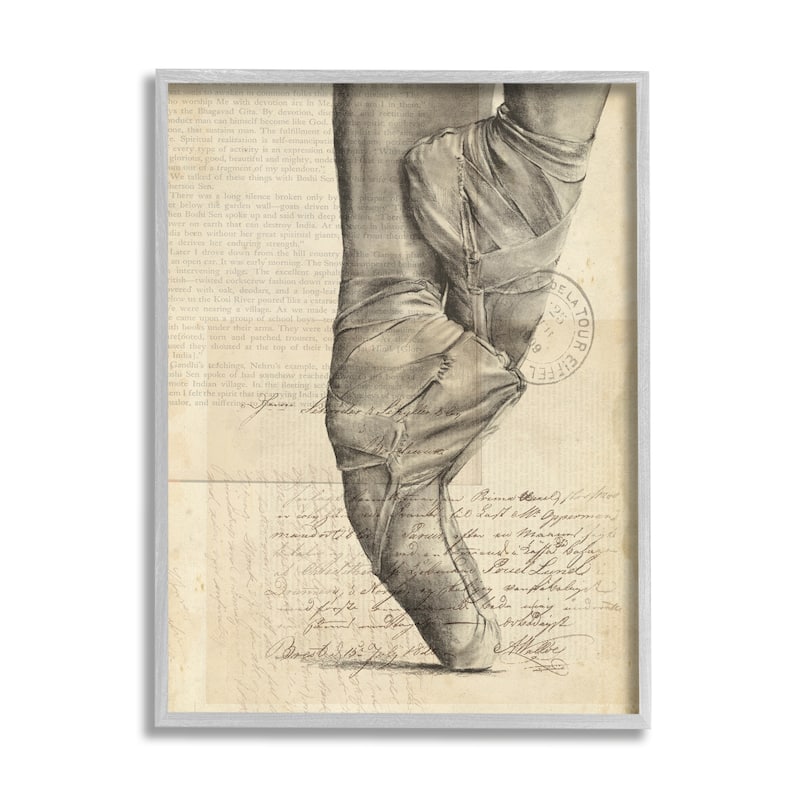 Stupell Ballerina Ballet Slippers Monochrome Vintage Text Collage Framed Wall Art - Brown