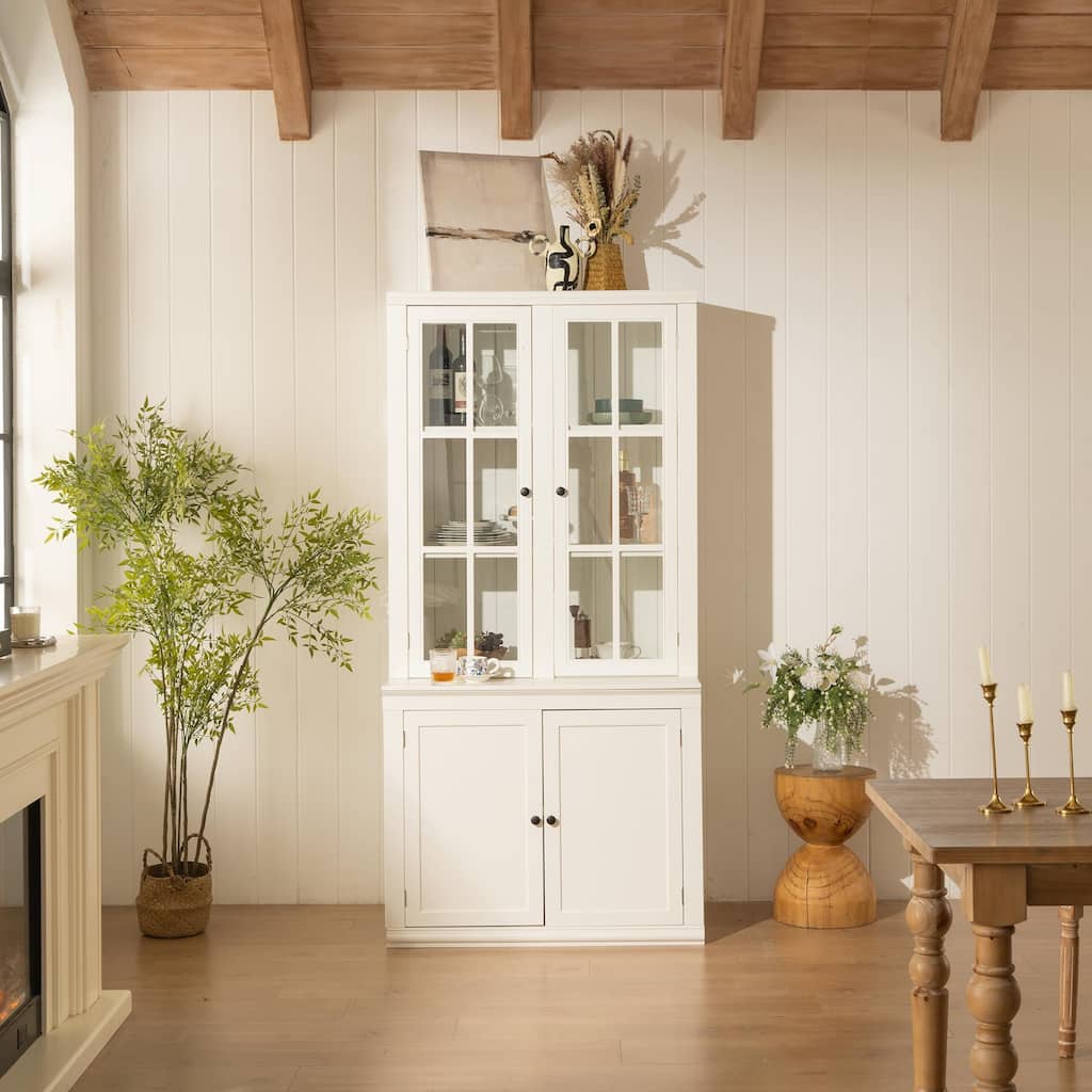 75.25" Traditional Cabinet - Double Glass Door Display Hutch for Dining Room, Living Room - Classic Style Collection Showcase