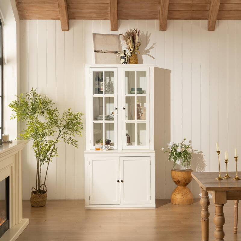 75.25"Tall Display Cabinet with Tempered Glass Double Doors, Traditional Style China Cabinet for Living Room, Kitchen, Home