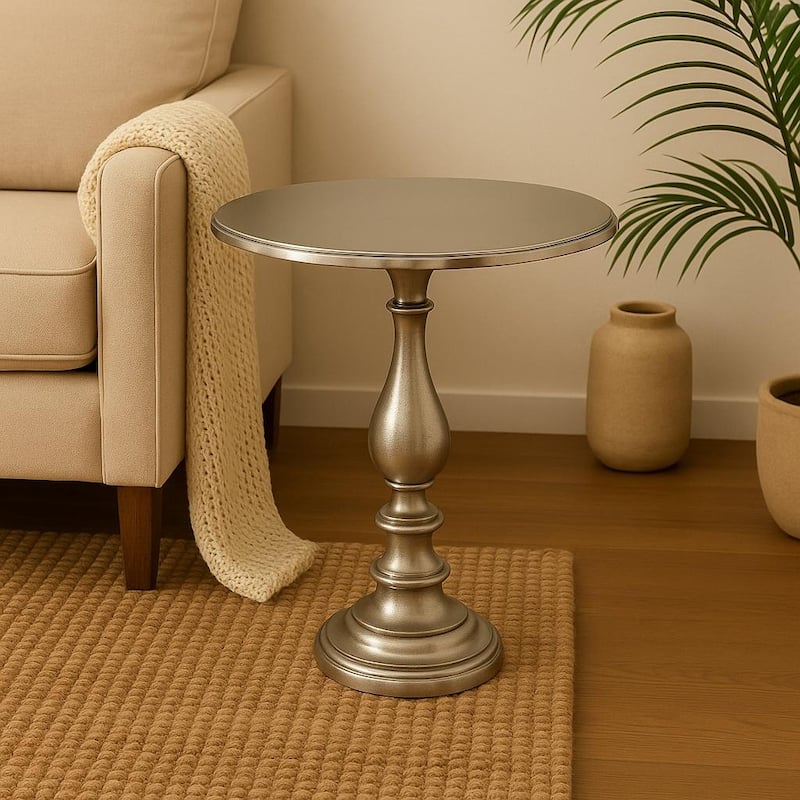 Decorative Nickel Finished Aluminum Hammered Accent Table with Glass Top - 20X20X25.5" Unique Side Table - Nickel