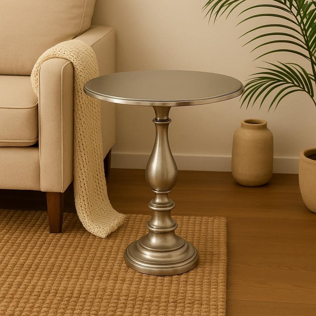 Decorative Nickel Finished Aluminum Hammered Accent Table with Glass Top - 20X20X25.5" Unique Side Table