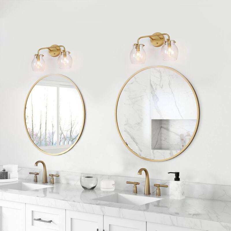 Modern 2-Light Gold Bathroom Vanity Lights Globe Wall Lighting with Seeded Glass - 14" L x 7" W x 10" H