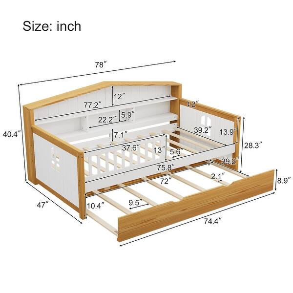 White+Walnut Twin Size Daybed with Trundle & Bookcase Headboard