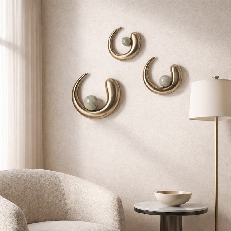 Flowing Metal Wall Art Sculpture - Set of 3 - Gold, 15/13/10"