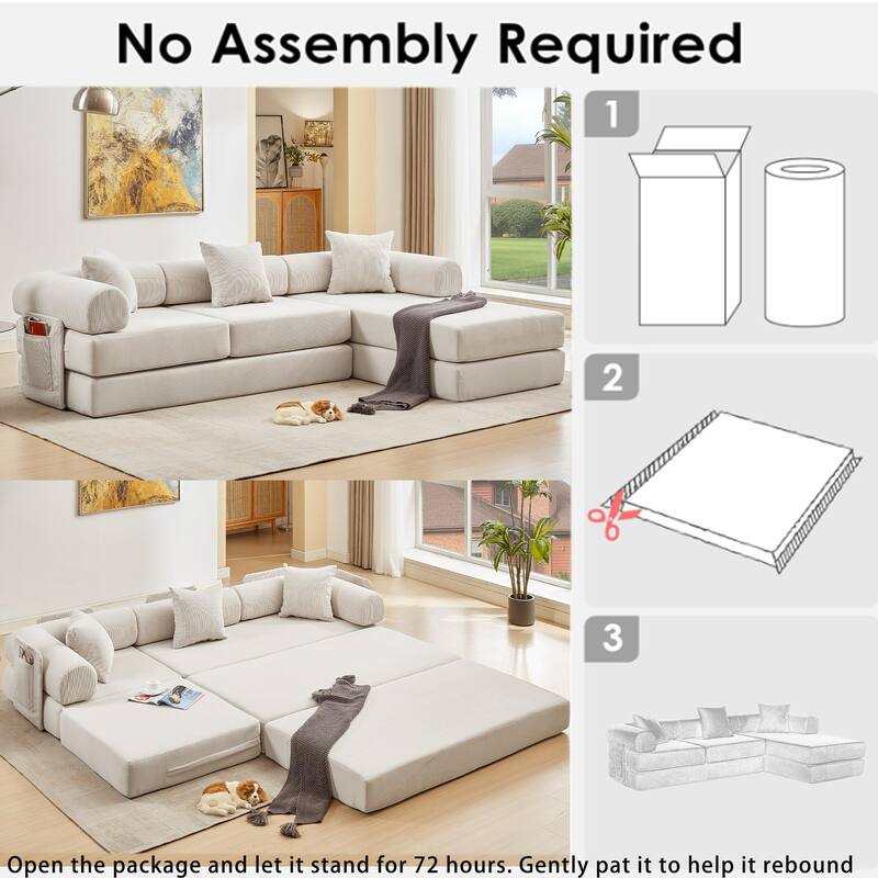 Versatile 7-in-1 Modular Folding Sectional Sofa with Chaise Convertible Corduroy Sleeper Sofa Bed with Removable Storage Bags