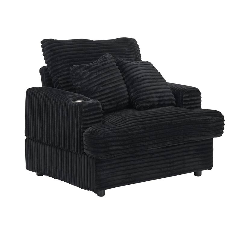 Corduroy Armchair Ottoman Set with Cup Holder, Spring Cushion and 2 Throw Pillows