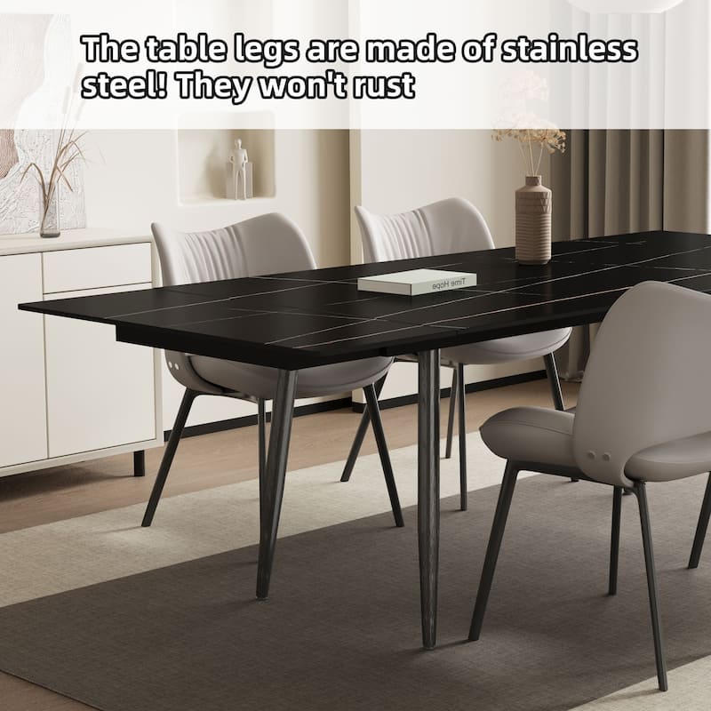 62.9'' to 94.4'' expandable Slate rectangular Glossy White kitchen Stone Top dining table stainless steel legs.