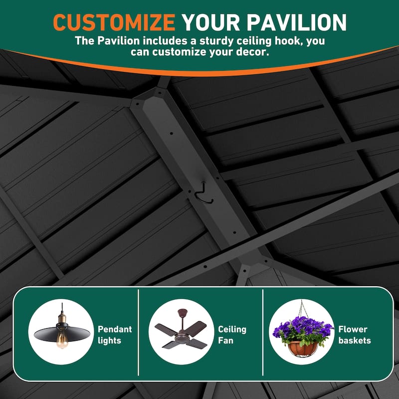 Wood Gazebo 13' x 15', Grill Gazebo with Galvanized Steel Roof, Permanent with Sturdy Hooks for Garden, Backyard