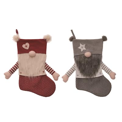 Transpac Fabric Gnome Stocking Set of 2 Christmas Home Decorations