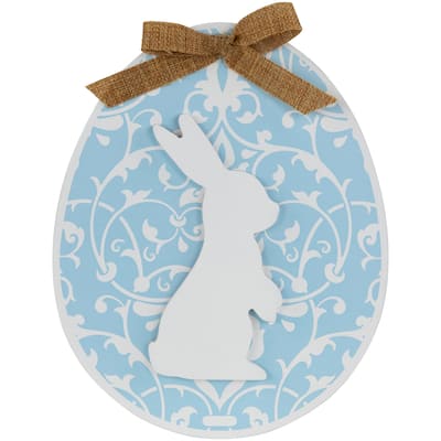 Easter Egg with Bunny and Burlap Bow Wooden Wall Decoration - 9.5" - Blue