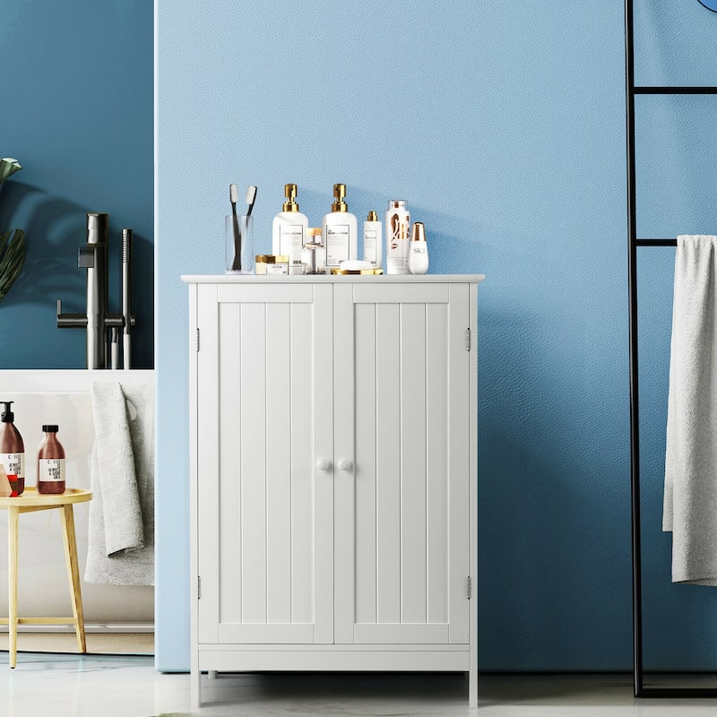 Gymax Bathroom Floor Storage Cabinet Double Door Kitchen Cupboard Shoe