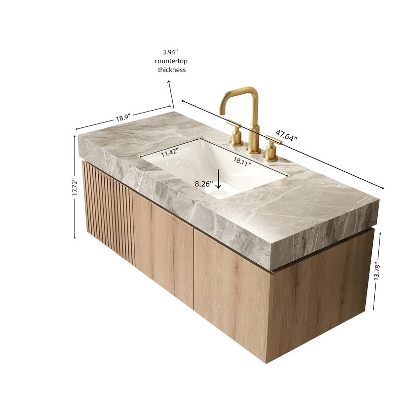 Floating Bathroom Vanity with Sintered Stone Top & Undermount Ceramic Basin with Three Pre-drilled Faucet Holes