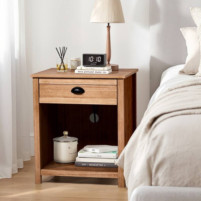 Oak-Colored Nightstand With 1 Drawer And Lower Shelf P2 MDF + Solid Wood Veneer Frame Mid-Century Modern Style 1 Piece