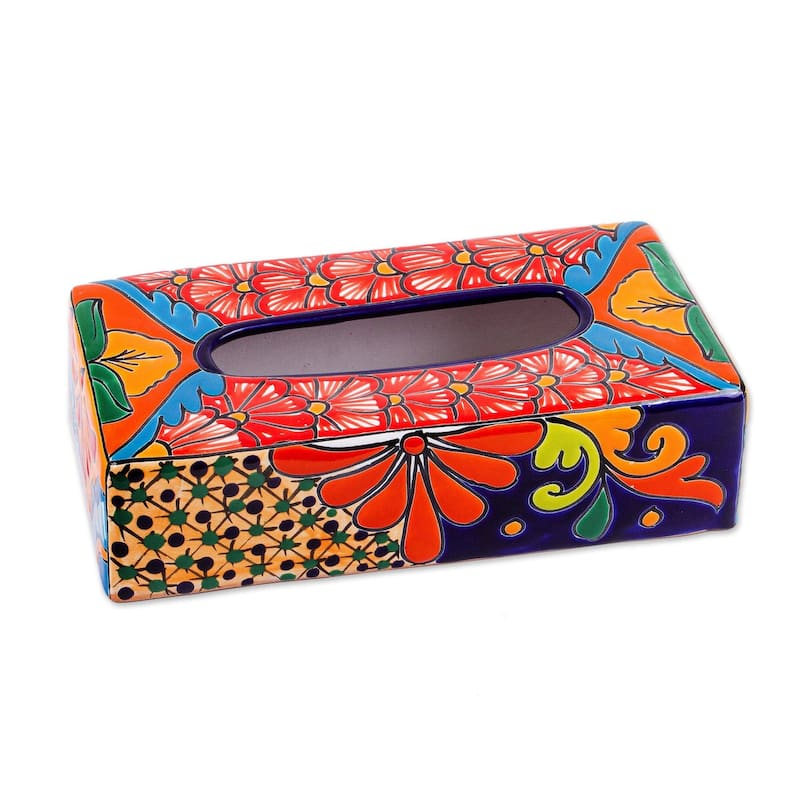 Handmade Hacienda Convenience Ceramic Tissue Box Cover (Mexico) - Multi colour - 2.8" H x 11" W x 5.75" D
