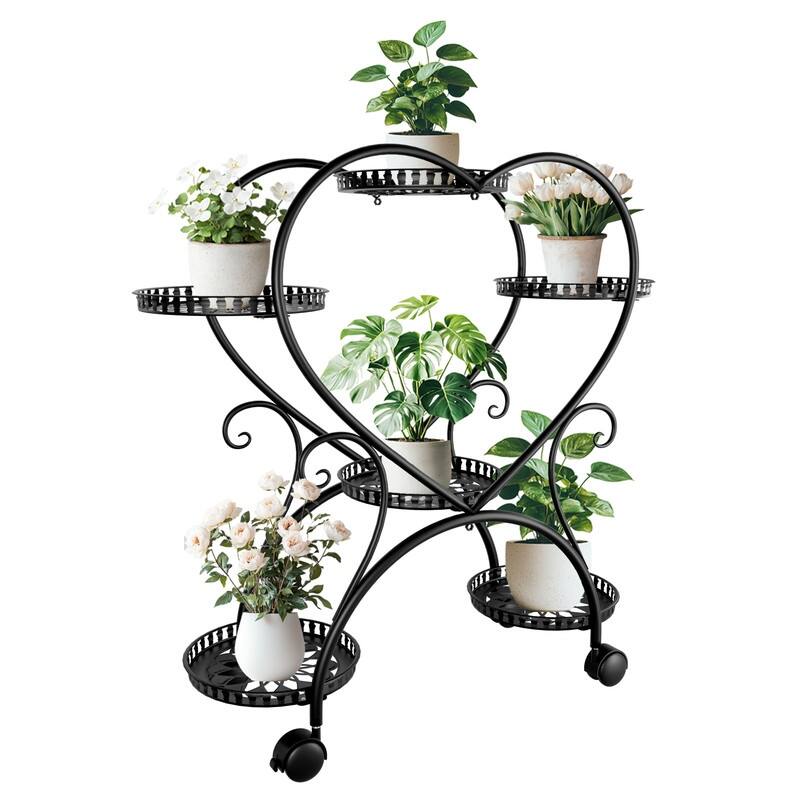 6 Potted Heart Shape Metal Plant Stand Rolling Flower Pot Organizer Display Rack