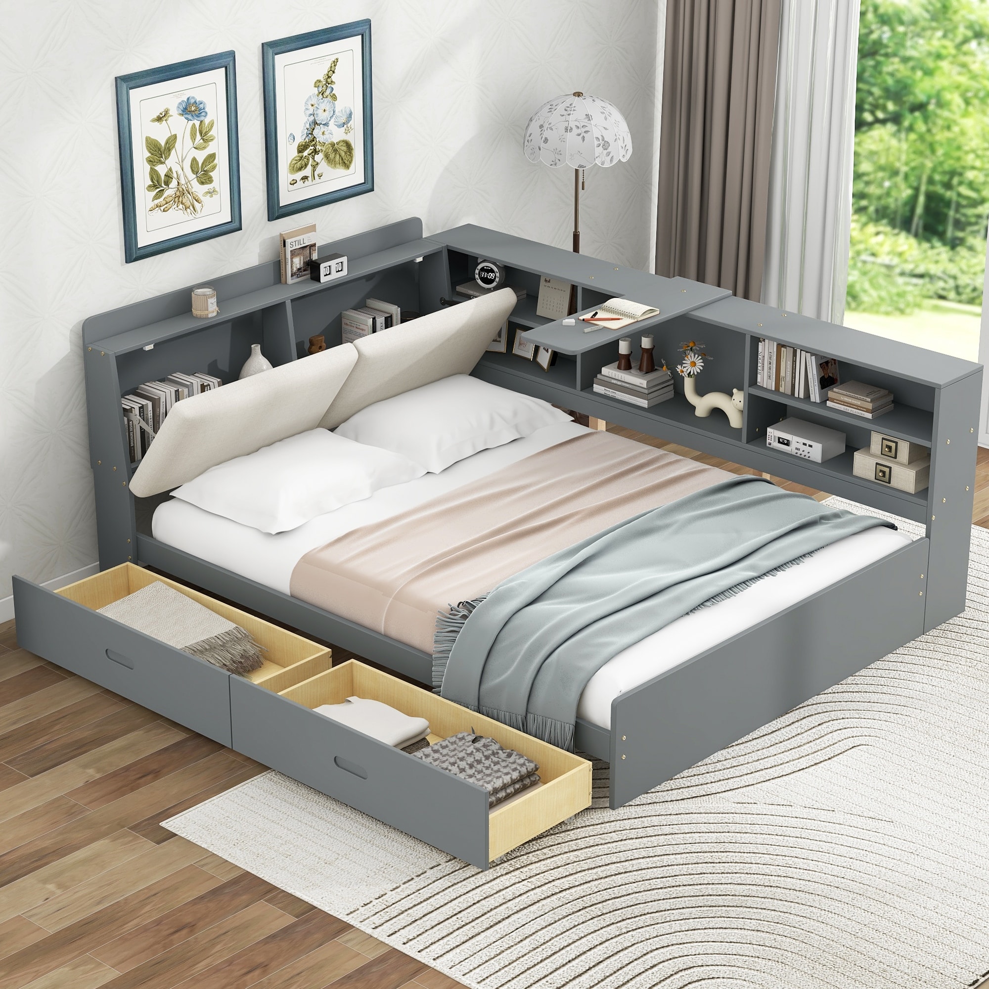 Wood Full Size platform bed with Storage Headboard Shelves and 2 Drawers