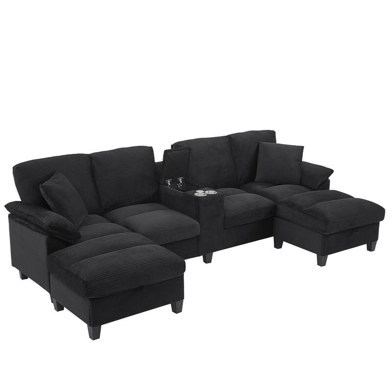 Corduroy Upholstered 4 Seat Sofa, U-shaped Sectional Sofa with Movable Storage Ottomans, Console, Cup Holders and USB Ports