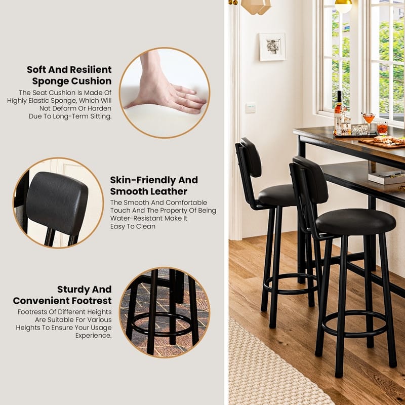 3-Piece Dining Room Table Set with 2 Upholstered Bar Stools, Modern Farmhouse Bar Table Set for 2 with Multiple Tier Shelves
