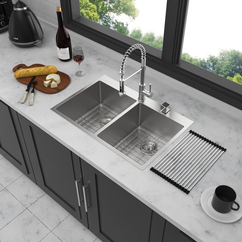 Double Bowl (50/50) Drop in Kitchen Sink 16 Gauge with Two 10" Deep Basin