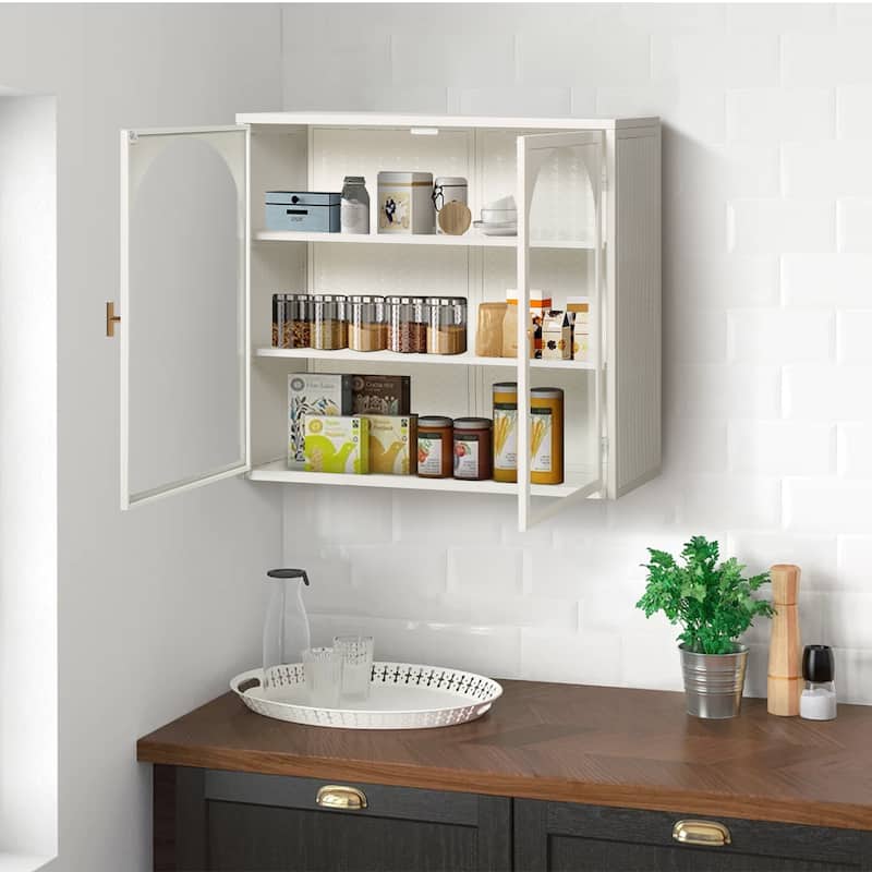 Modern Glass Doors Wall Cabinet with Characteristic Woven Pattern & 3-tier Storage, Kitchen Sideboard White Storage Cabinet