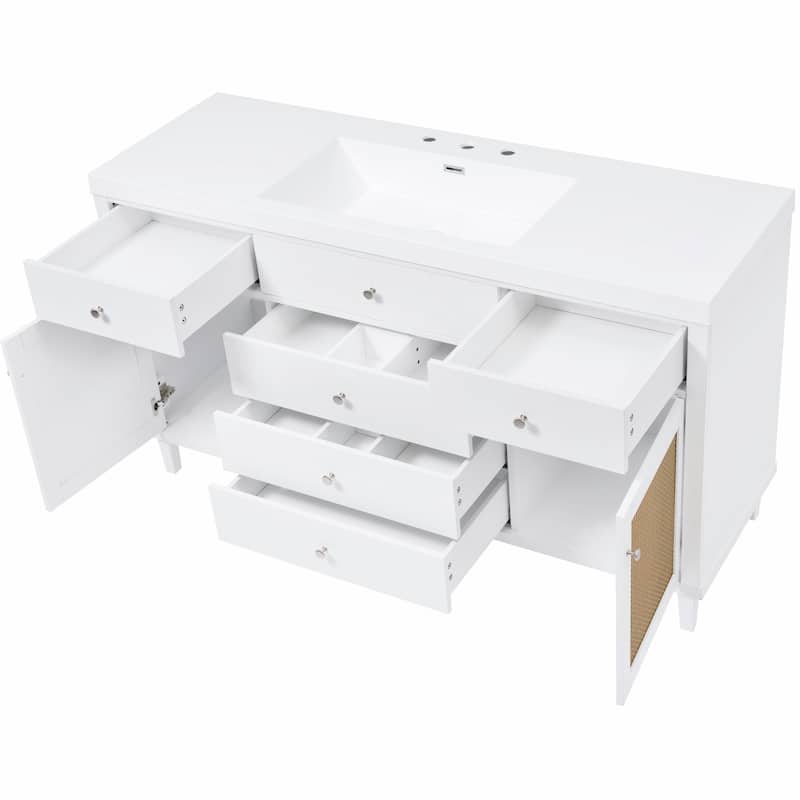 60" Bathroom Vanity with SMC Sink - Modern Large Storage Cabinet with Soft Close Drawers and Rattan Doors