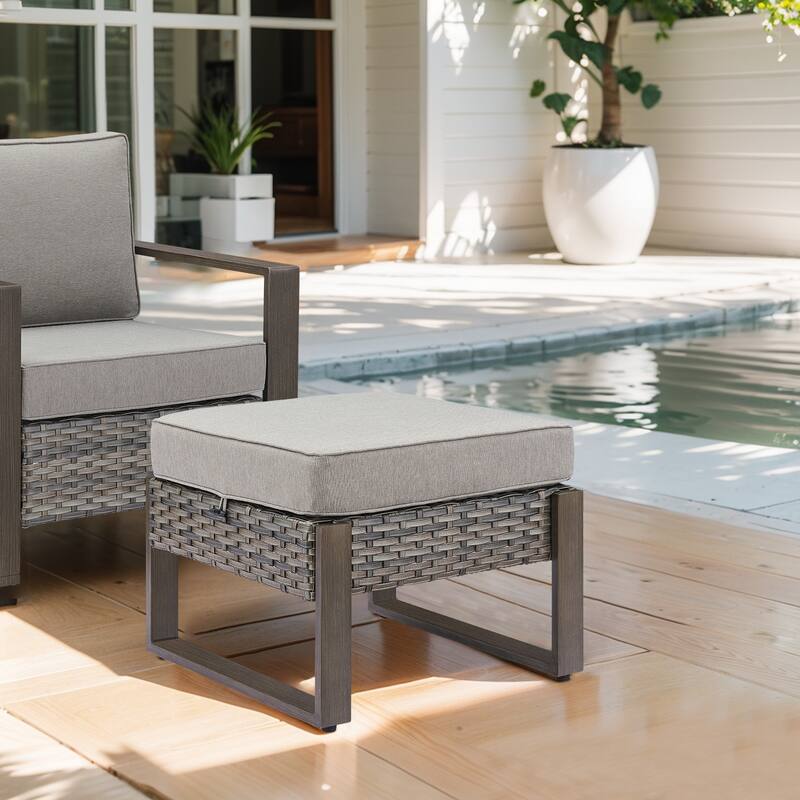 Gymojoy 2PCS PE Wicker Dining Chairs with 2 Ottomans - Grey