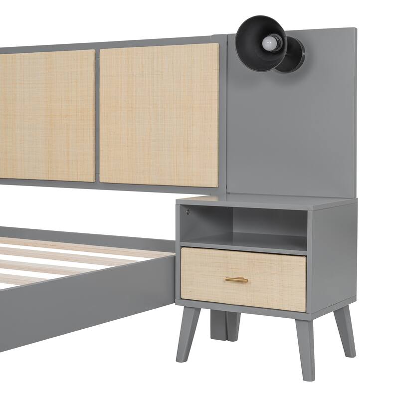 Queen Size Solid Wood Bed Frame with 2 Nightstands, Modern Platform Bed with Headboard, Lamps, Rattan Wood Combination Set