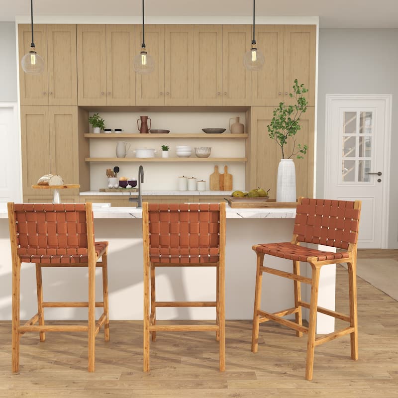 Camel Brown or Black Teak Wood Woven Leather Seat and Back Bar Stool with Beam Footrest