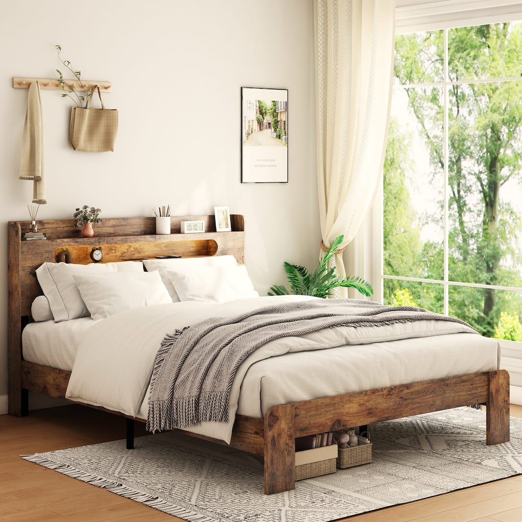 Distressed King Wood Storage Bed Frame with LED Headboard & USB Ports