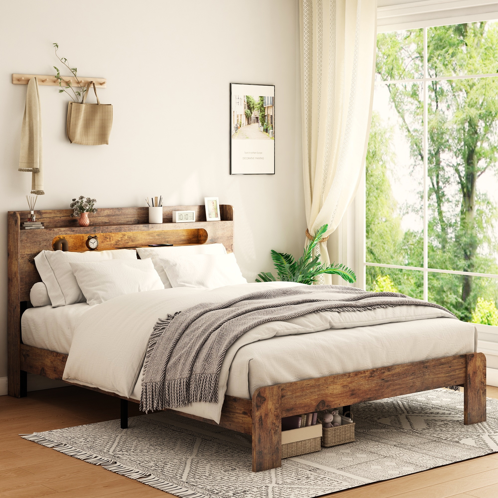 Distressed King Wood Storage Bed Frame with LED Headboard & USB Ports