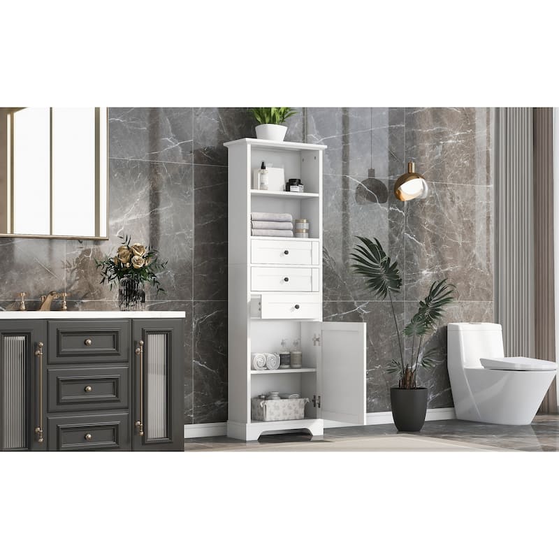Roomfitters Tall Storage Cabinet with 3 Drawers Adjustable Shelves for Bathroom Study or Office Painted MDF Board