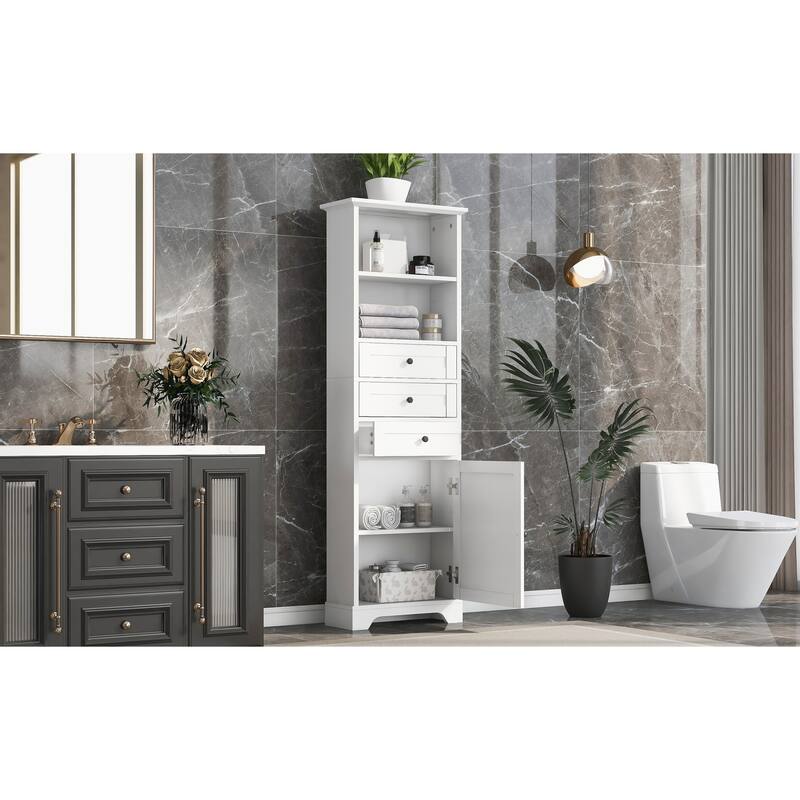 Tall Storage Cabinet with 3 Drawers and Adjustable Shelves, Floor Standing Bathroom Cabinets with Painted Finish