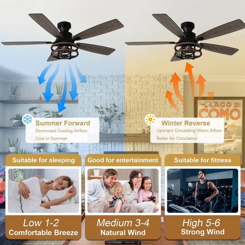 Cusp Barn 52-In Farmhouse Black Caged Ceiling Fan with Lights and Remote Control, Low Profile Flush Mount Chandelier Ceiling Fan
