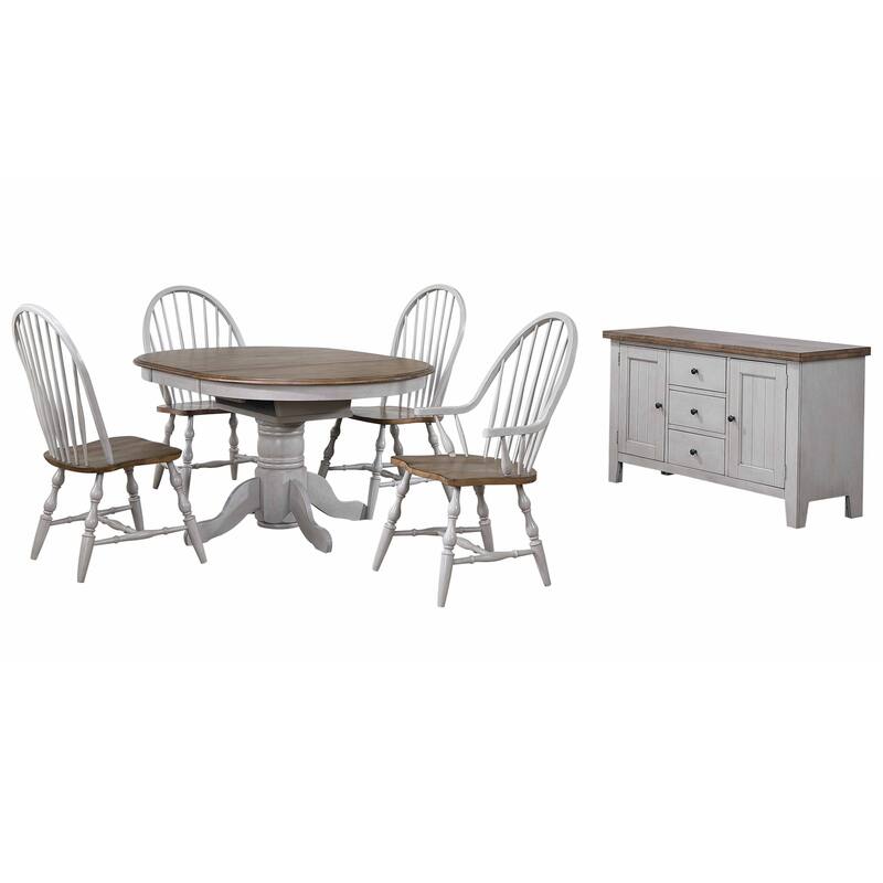 Extendable Dining Table Set - Round to Oval, 6 Chairs, Buffet, Gray & Brown Wood