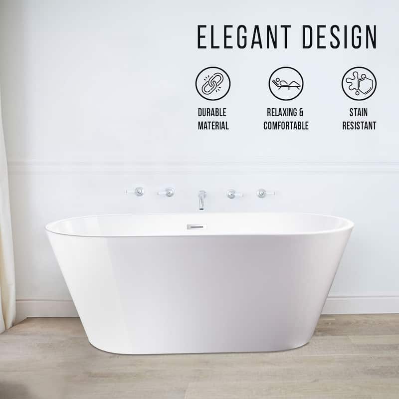 Vanity Art 59" Non-Slip Acrylic Freestanding Soaking Bathtub with Overflow & Pop-up Drain