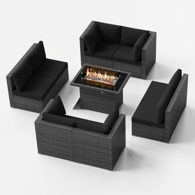 9-Piece Outdoor Wicker Patio Sectional Conversation Set with Fire Pit - Black
